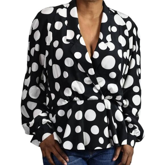 Vintage Lilli Ann Blouse Black White Peplum Oversized Top 70s Polka Dot Medium - Picture 12 of 14